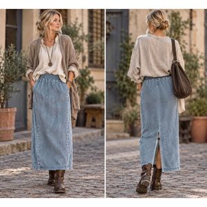 VTG 90s Blue Willi's Denmark Indigo Cotton Knit Mixed Media Maxi Skirt  Medium